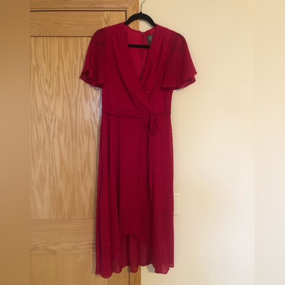 Vince Camuto Clip Dot Illusion Midi Wrap Dress - Size 8 - Color Raspberry - Picture 1 of 6